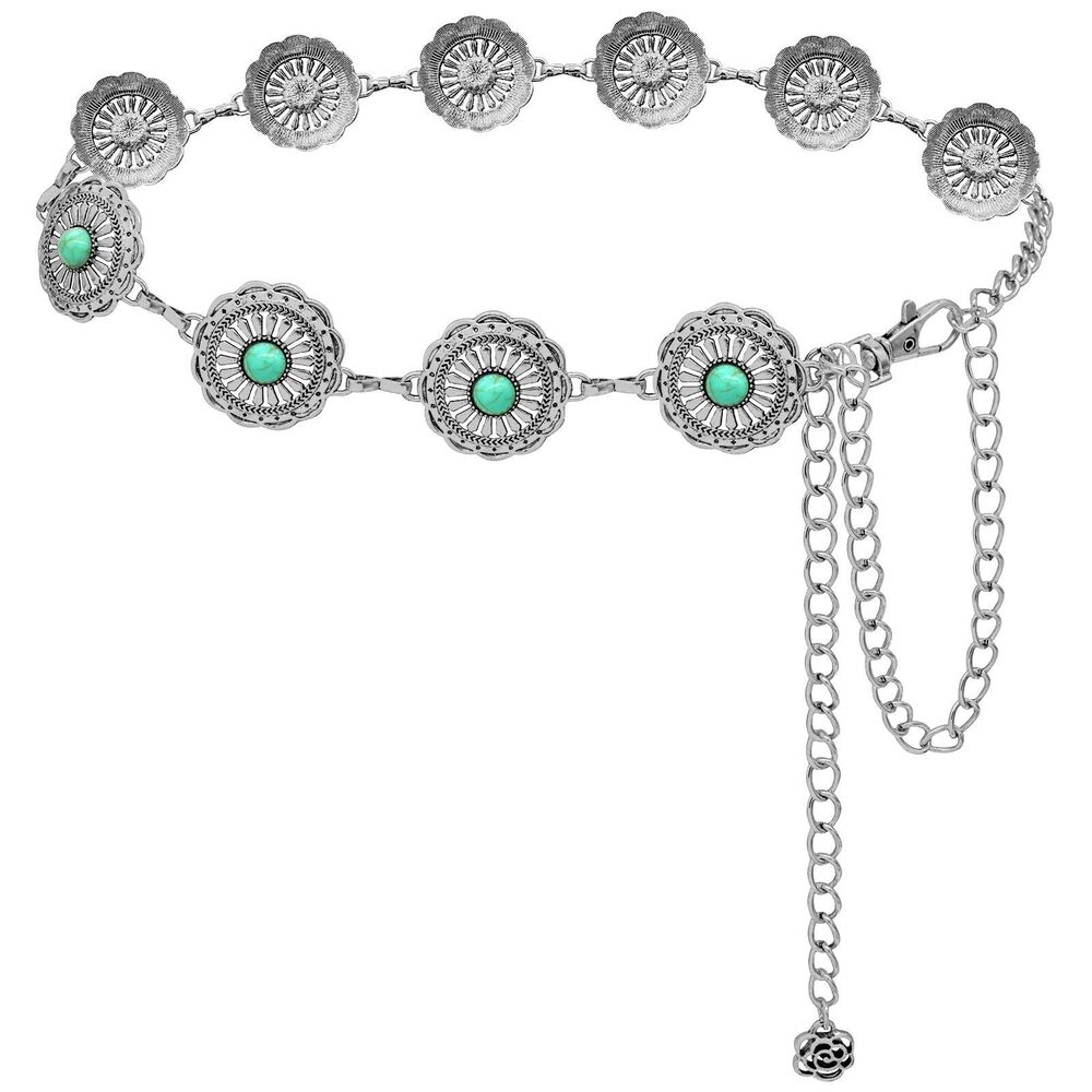 1541 Western Chain Belt For Women Turquoise Concho Metal Waist